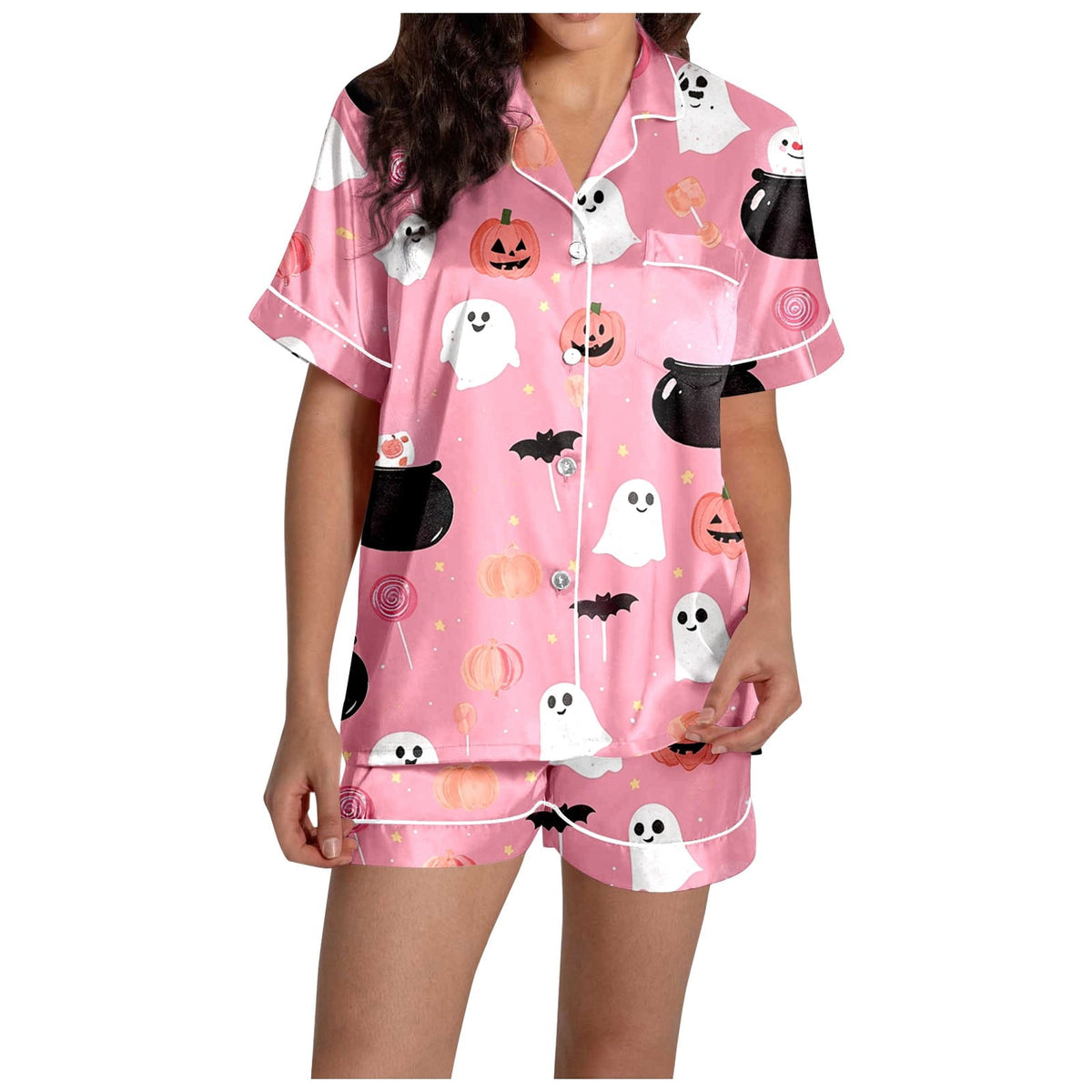 MEZZALL Women Halloween Printed Pajama With Lapel Collar Short Sleeve Tops And Shorts For Home Wear Cozy For Lightweight And Breathable Comfort Relaxed Fit 2 Piece Pjs