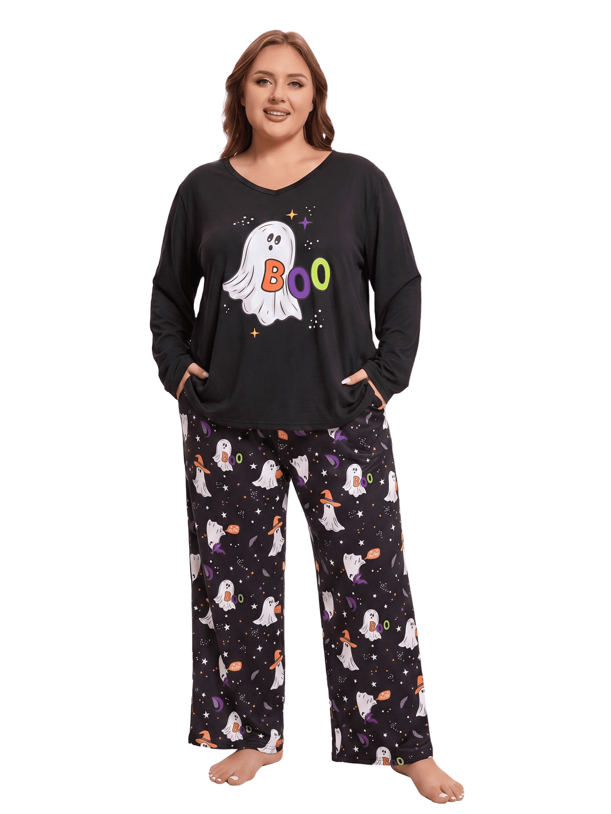 Homlouue Halloween Womens Plus Size Pajama Sets 2-Piece, Cute Ghost Print V-Neck Loungewear with Pockets, Soft Sleepwear for Holiday