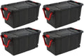 HUHAN 40 Gallon/151 Liter Wheeled Industrial Tote, Black With Red Handle And Latches, 4-Pack - 14699002