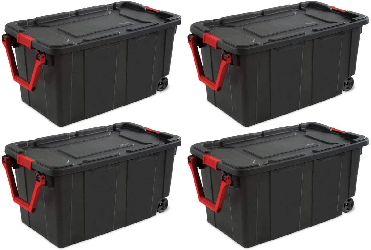 HUHAN 40 Gallon/151 Liter Wheeled Industrial Tote, Black With Red Handle And Latches, 4-Pack - 14699002