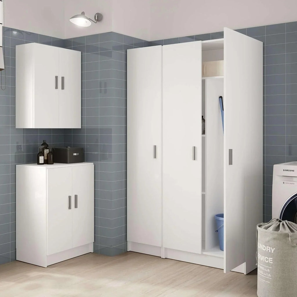 Habitdesign Multi-Purpose Broom Cabinet, 2 Doors, 3 Shelves, 180 x 73 x 37 cm, Matt White