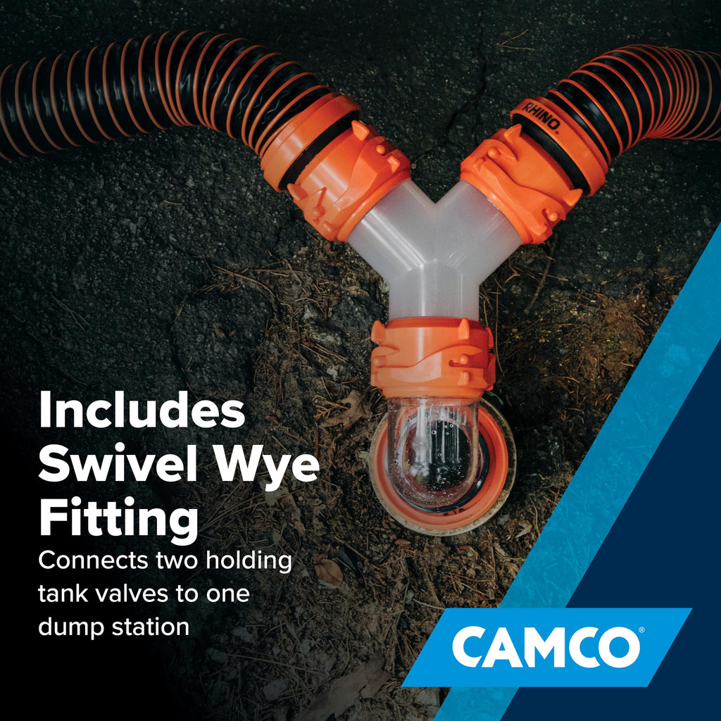 Camco RhinoEXTREME 20’ Camper/RV Sewer Hose - RV Accessories Include 360° Clear Swivel Wye Fitting & Removable 4-in-1 Adapter for Storage and