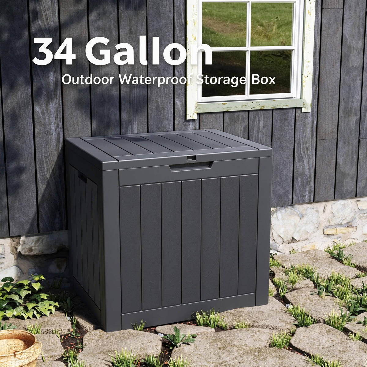 34 Gal Outdoor Storage Box Waterproof Lockable,Deck Box,Black
