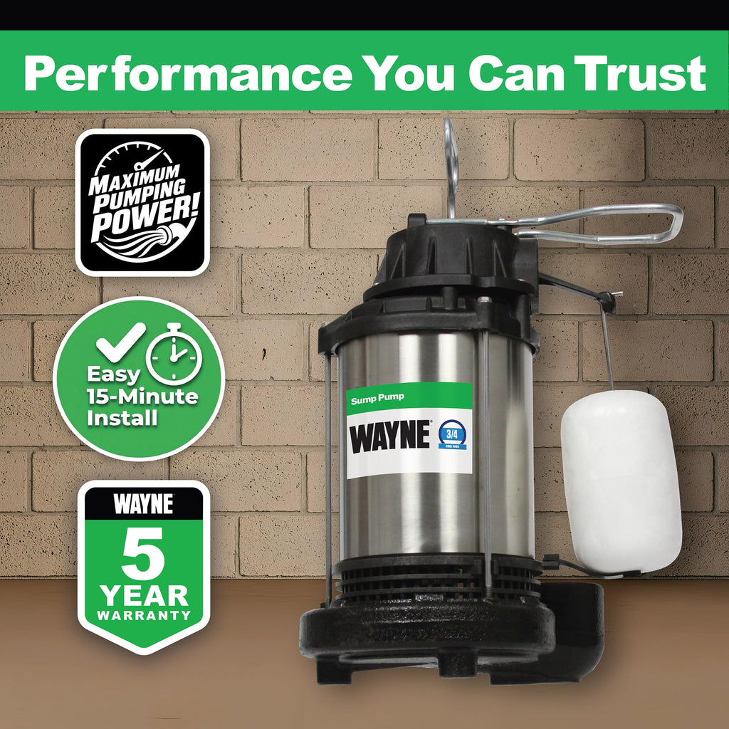 WAYNE CDU980E 3/4 HP Submersible Sump Pump – Cast Iron & Stainless Steel, Vertical Float Switch, 5,490 GPH, 5-Year