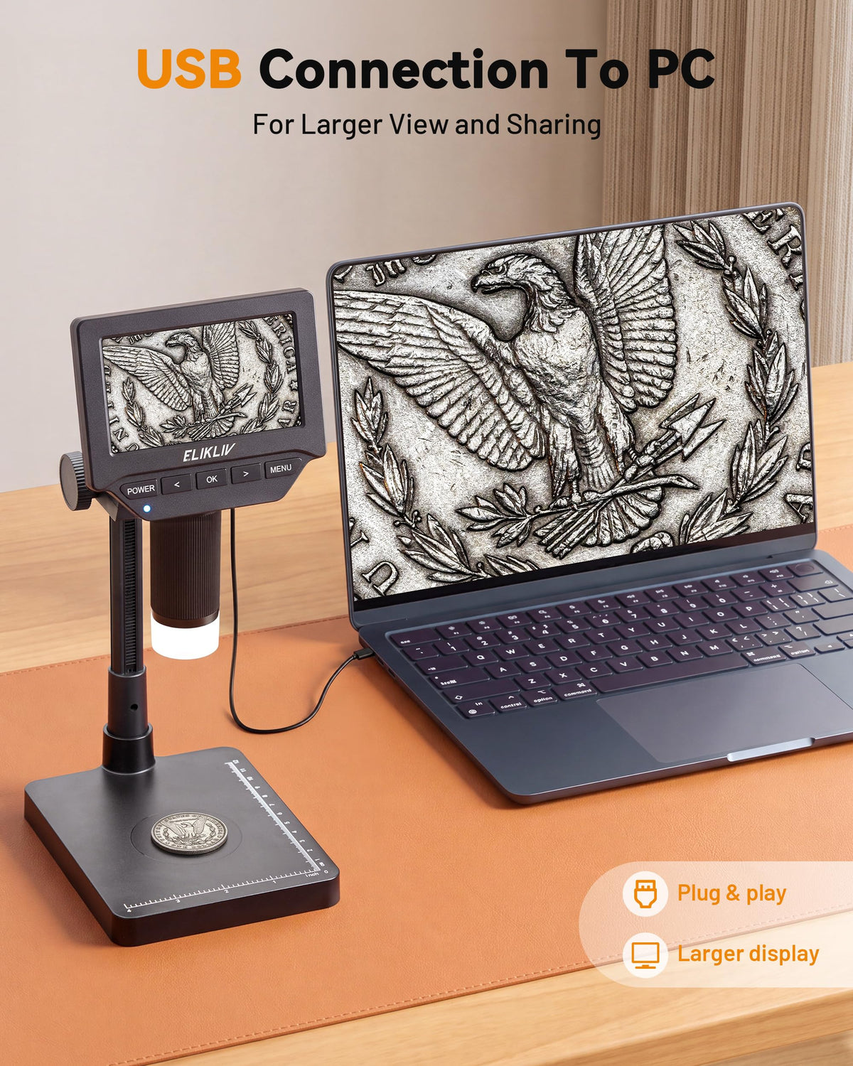 Elikliv Microscope, 4.3" Digital Coin Magnifier with Lights for Adults