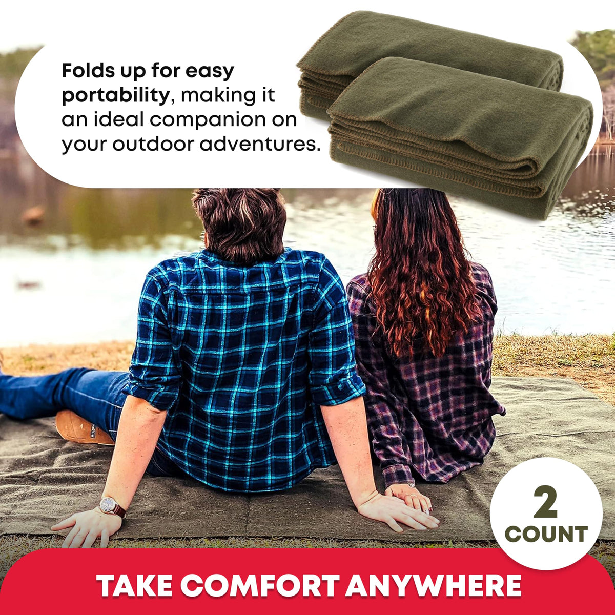 Ever Ready First Aid Olive Drab Green Warm Fire Retardant Blanket, 66" x 90" (80% Wool) – US Military Style, Heavy-Duty Survival & Emergency Blanket