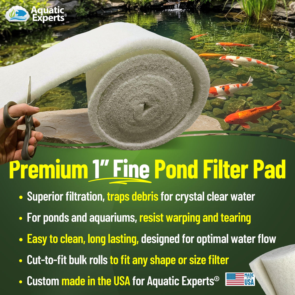 Classic Koi Pond Filter Pad FINE - White Bulk Roll Pond Filter Media, Ultra-Durable Pond Filters for Outdoor Ponds, Reusable Fish Pond Filter