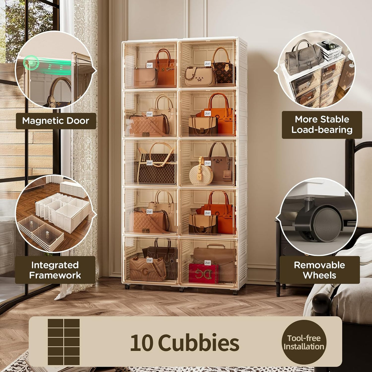 MayiBox 10-Cubby Handbag Storage Organizer With Magnetic Doors And Wheels