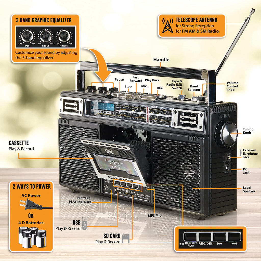 QFX Retro Bluetooth Boombox Cassette Tape Player Recorder, J-220BT, Black