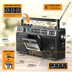 QFX Retro Bluetooth Boombox Cassette Tape Player Recorder, J-220BT, Black