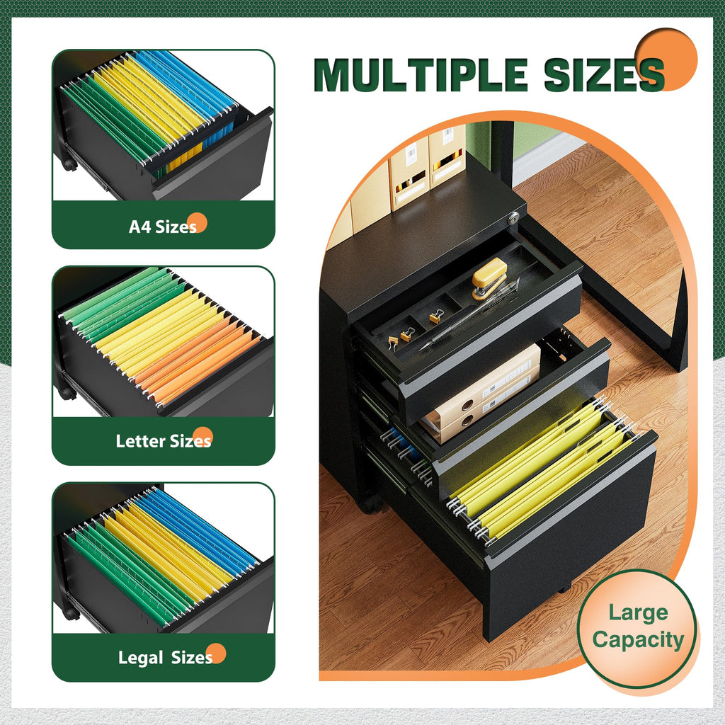 3 Drawer Mobile File Cabinet with Lock,Under Desk Metal Filing Cabinets for Home Office Organizer Letters/Legal/A4((Fully Assembled-Black)