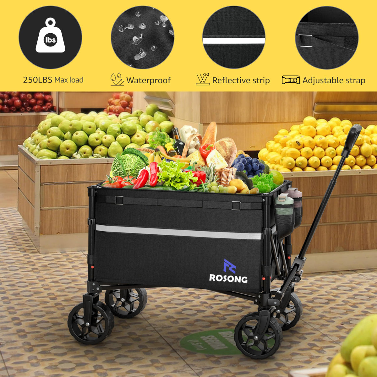 ROSONG Collapsible Wagon Cart with Wheels Foldable - Folding Utility Heavy Duty Wagons Carts for Grocery Sports Garden Shopping Camping Wheelbarrows