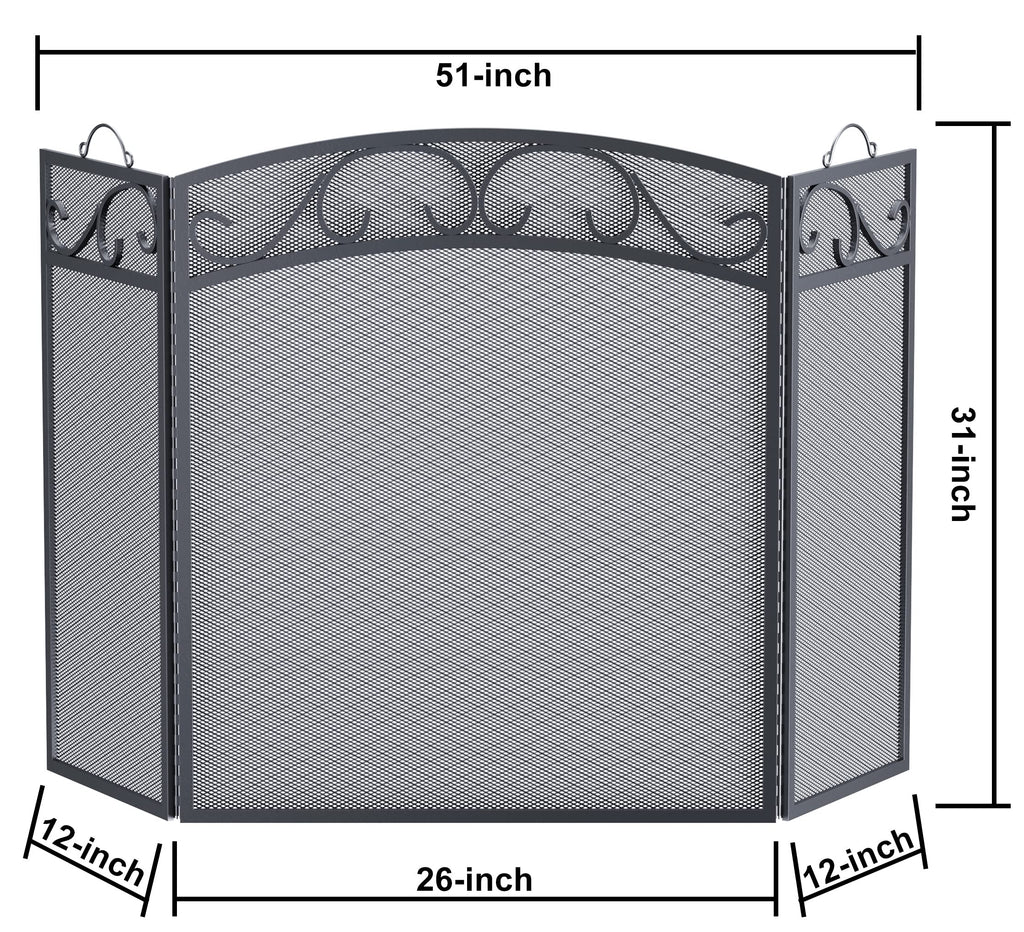 Fire Beauty 3 Panel Wrought Iron Fireplace Screen, Black Spark Guard