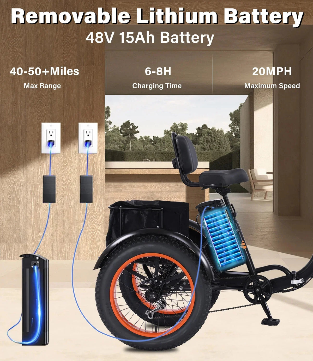 YEBEI Folding Electric Tricycle for Adults, 500W Motor, 48V15AH Lithium Battery, 20 x 4.0 in Fat Tires