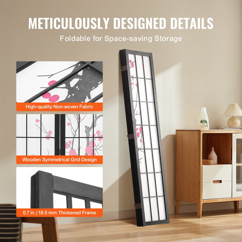 KFFKFF 4-Panel Japanese Room Divider Screen, Wooden Folding Privacy Screen for Indoor Use, Portable Partition for Room Separation and Decoration in