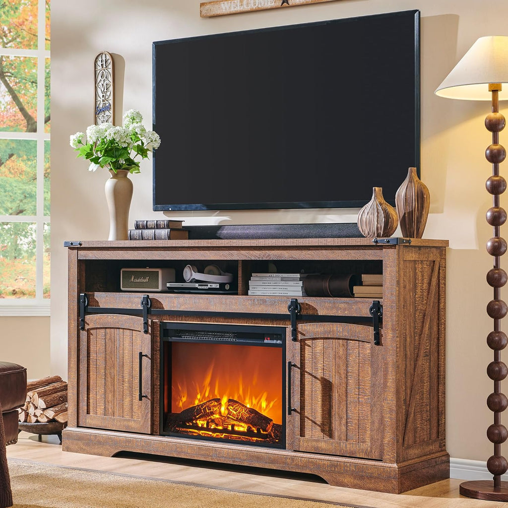 OKD Farmhouse Fireplace TV Stand For 70 Inch TV, 60 Inch Wide, 34 Inch Tall, Reclaimed Barnwood
