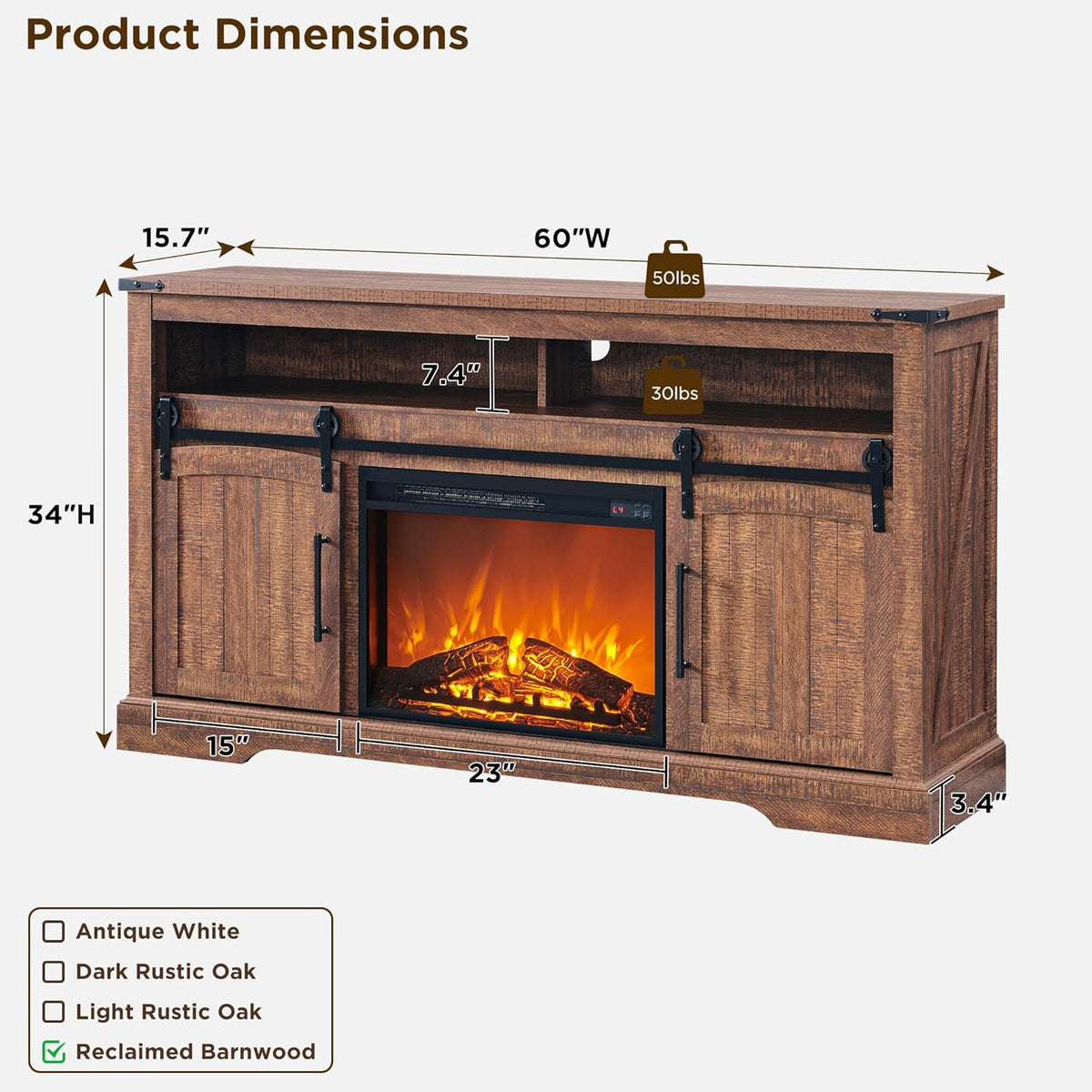 OKD Farmhouse Fireplace TV Stand For 70 Inch TV, 60 Inch Wide, 34 Inch Tall, Reclaimed Barnwood