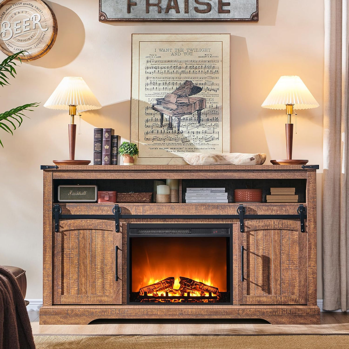 OKD Farmhouse Fireplace TV Stand For 70 Inch TV, 60 Inch Wide, 34 Inch Tall, Reclaimed Barnwood