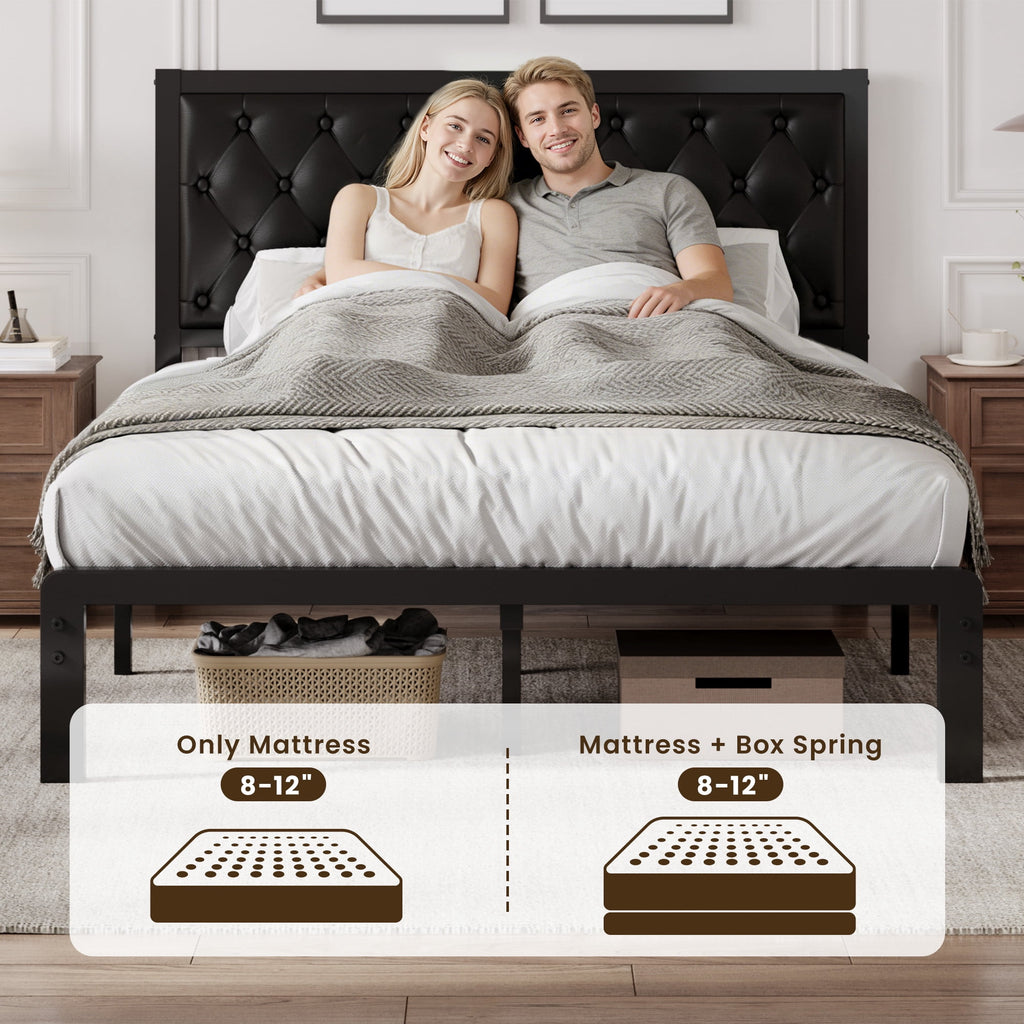 Lifezone Bed Frame with Upholstered Headboard, Queen, Metal Support, No Box Spring Needed, Modern Black