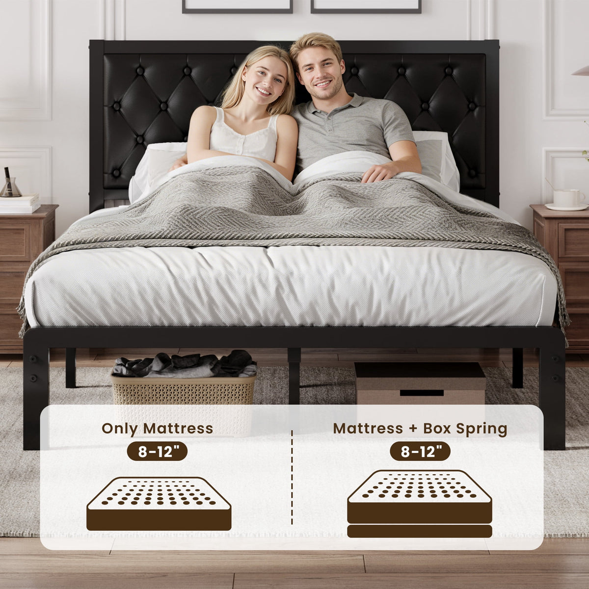 Lifezone Bed Frame with Upholstered Headboard, Queen, Metal Support, No Box Spring Needed, Modern Black