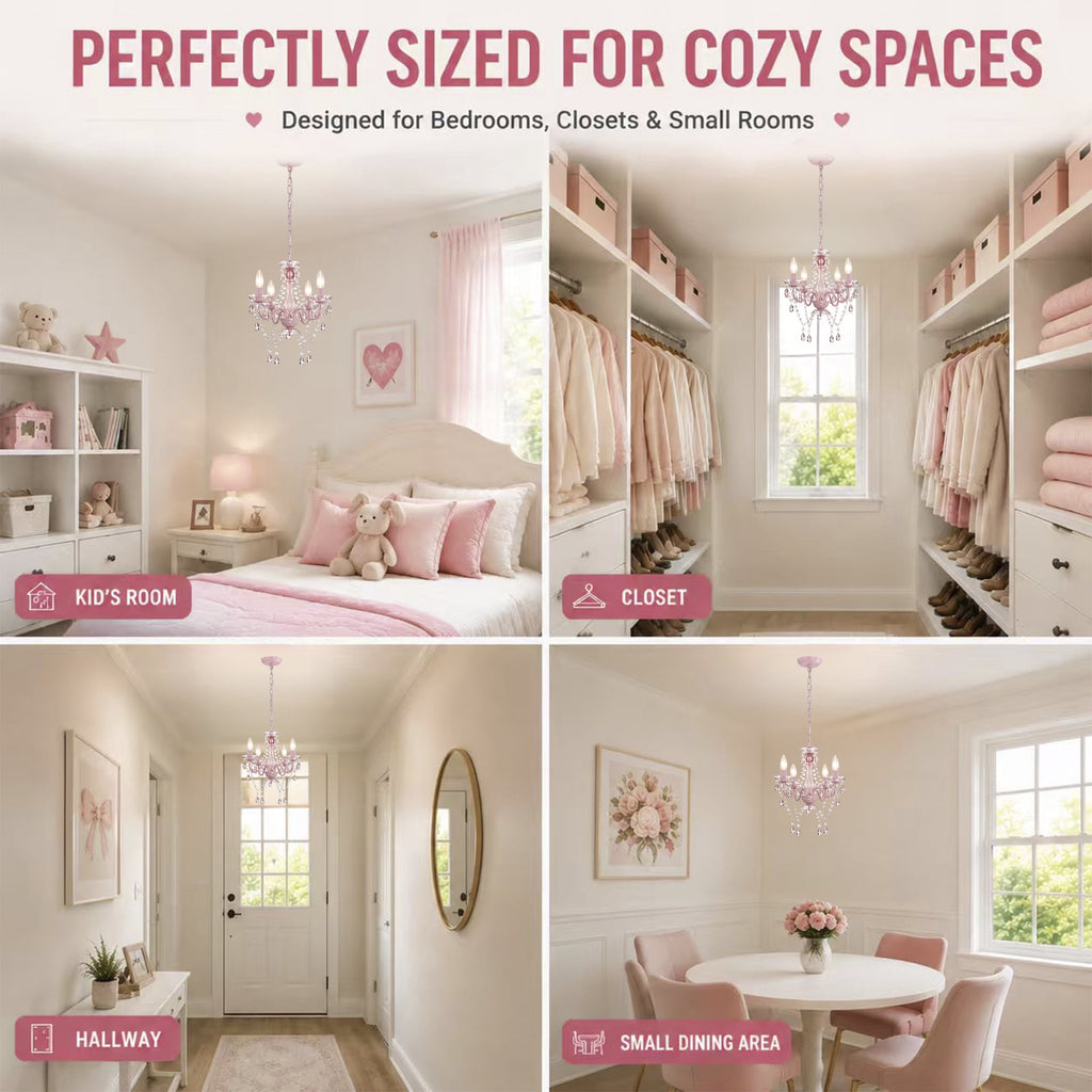Small Pink Chandelier, 4-Light Acrylic Crystal Ceiling Lights for Girls Bedroom, Nursery, Playroom