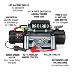 Badland Electric Winch 12,000 lb Wire Rope - Zxr