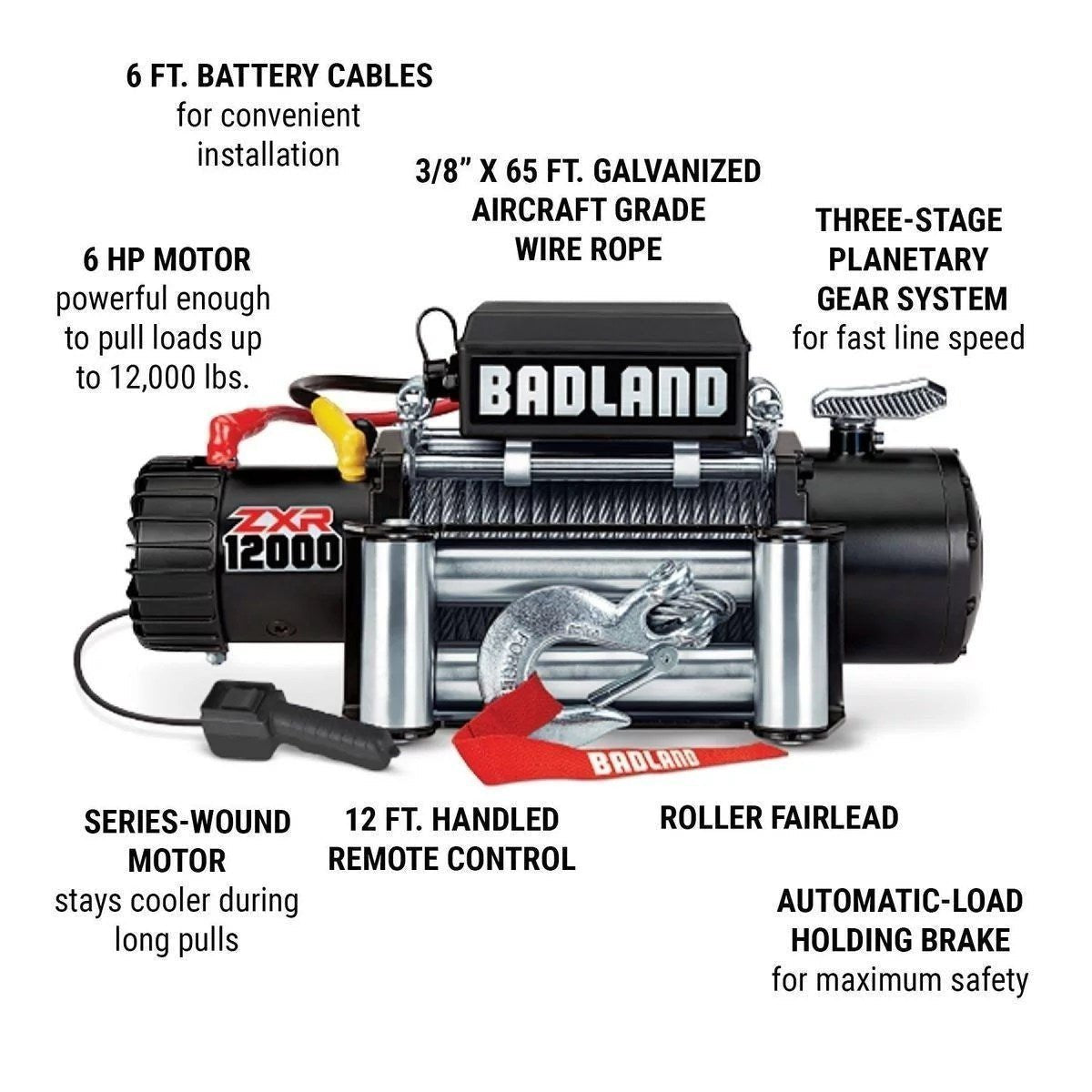 Badland Electric Winch 12,000 lb Wire Rope - Zxr