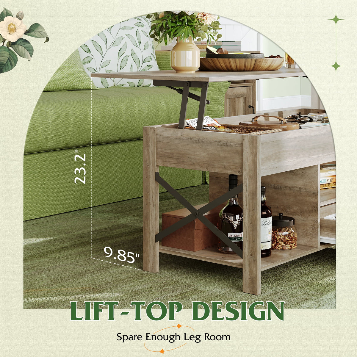 GALAXHERO Coffee Table, 39" Lift Top Coffee Table with Hidden Compartment, Storage Drawers and Storage Shelf for Living Room, Reception Room Greige