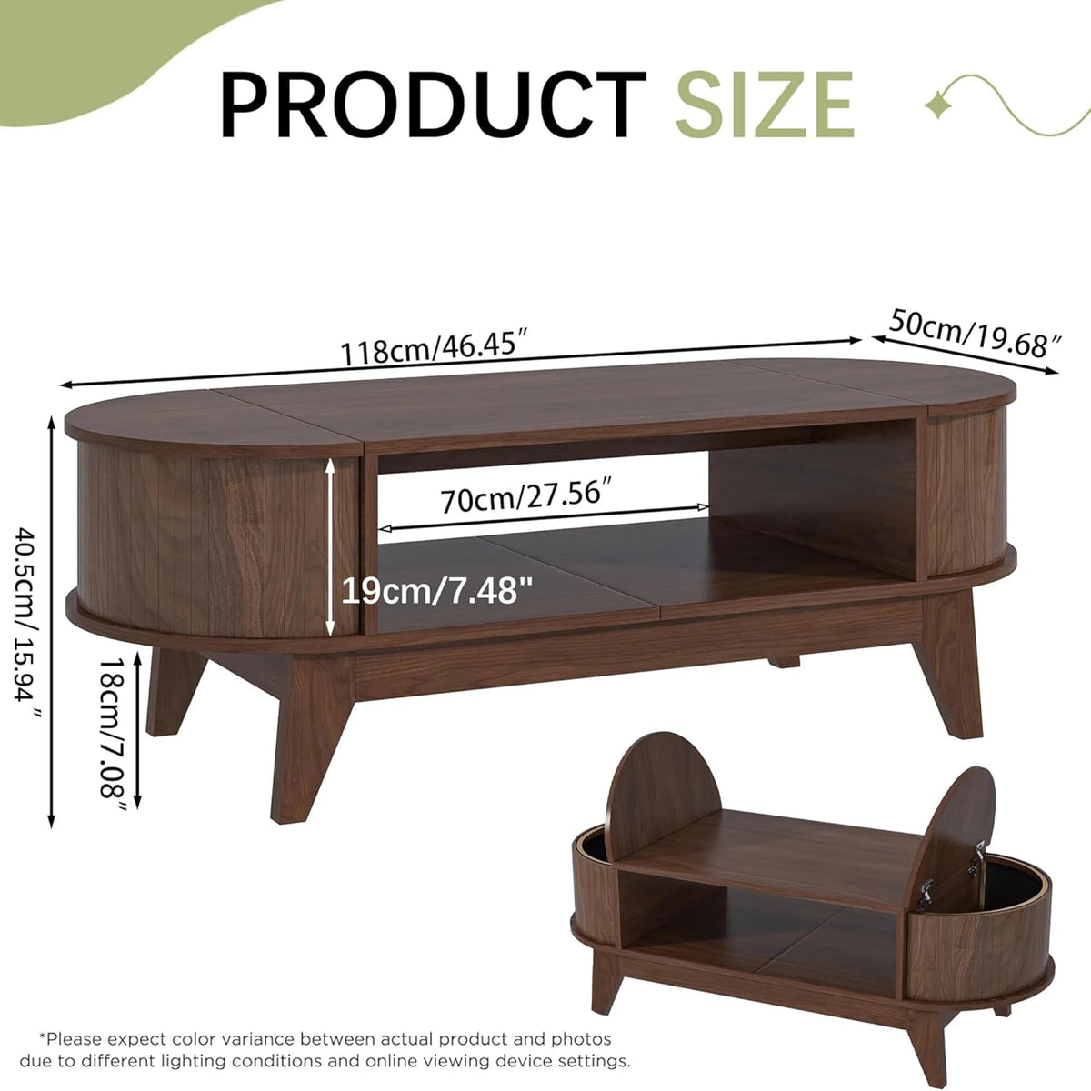 Fluted Oval Coffee Table With Storage, 46.45 x 19.68 x 15.94 in