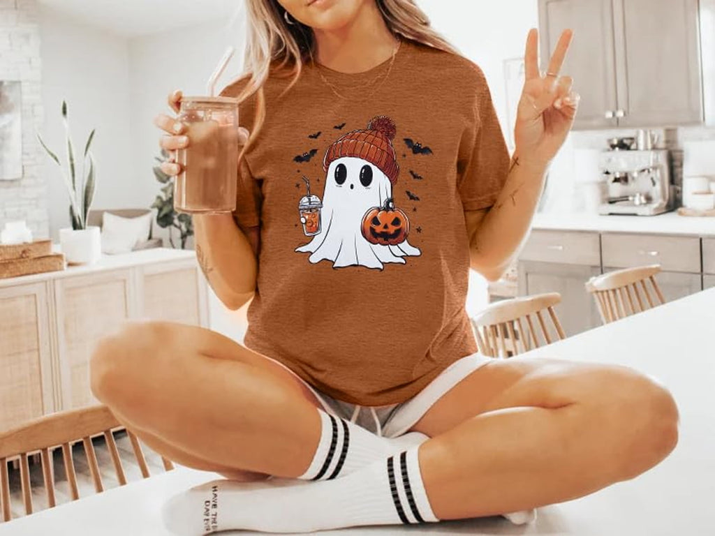 KimSoong Women Halloween T-Shirt Cute Ghost Fall Pumpkin Graphic Shirt Coffee Lover Tees Short Sleeve Tops