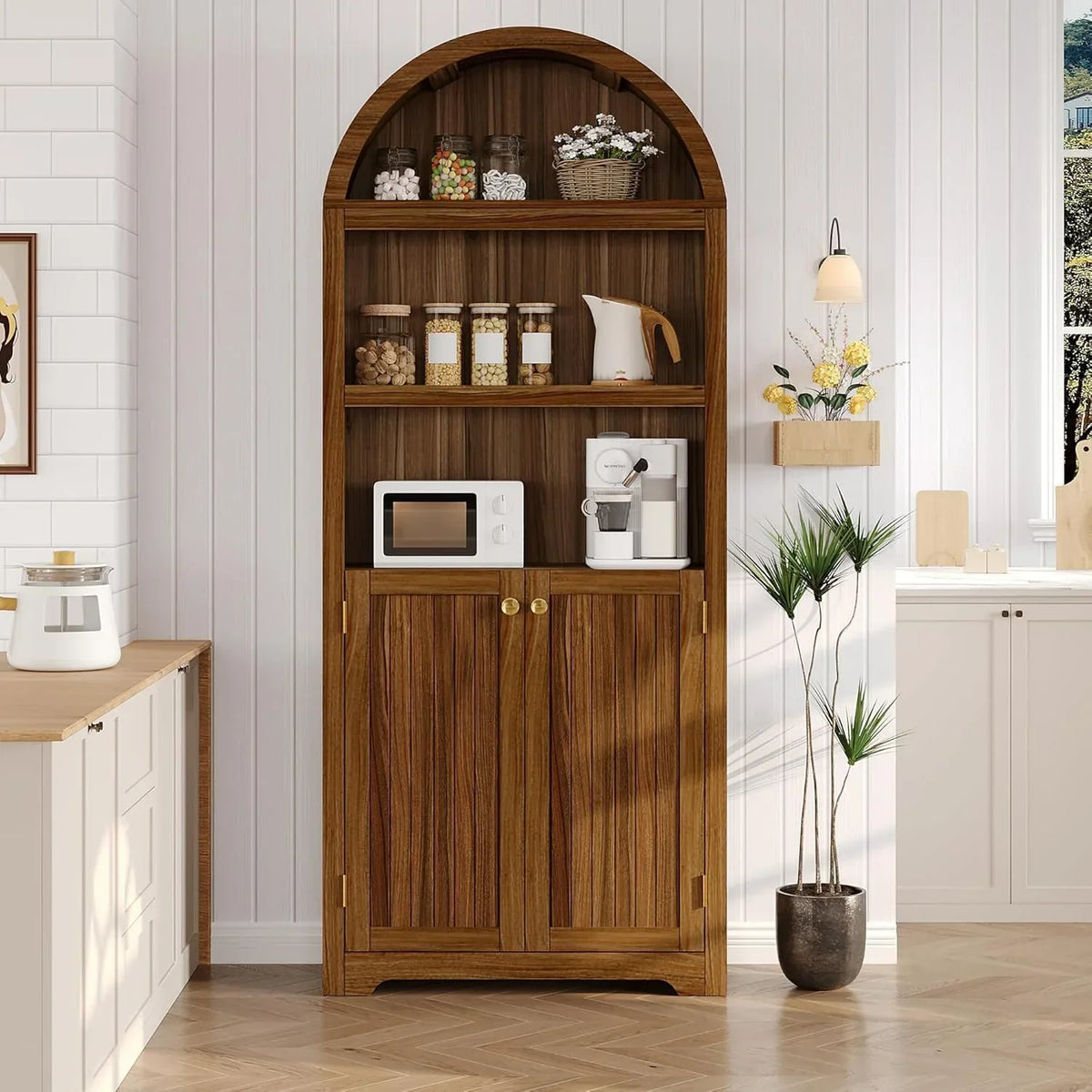 72in Tall Farmhouse 5-Tier Arched Bookcase With Double Doors And Adjustable Shelf