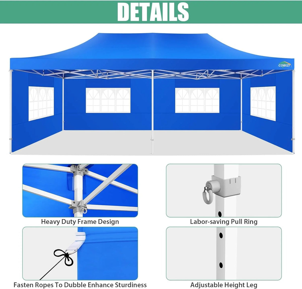 COBIZI 10x20 Heavy Duty Pop-Up Canopy Tent With 6 Sidewalls - Black