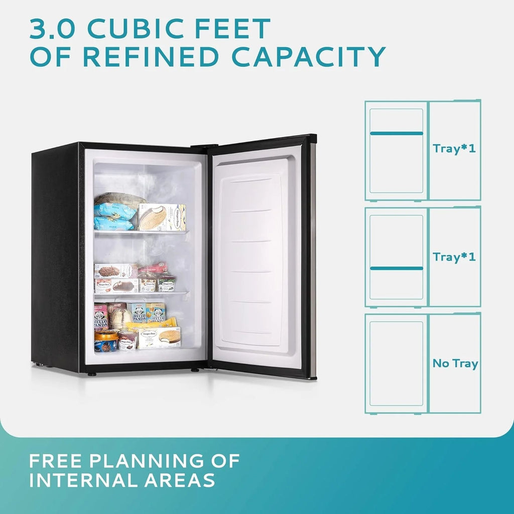 EUHOMY Compact Upright Freezer, 3.0 Cubic Feet, Silver Stainless Steel Door - MF-30-Y