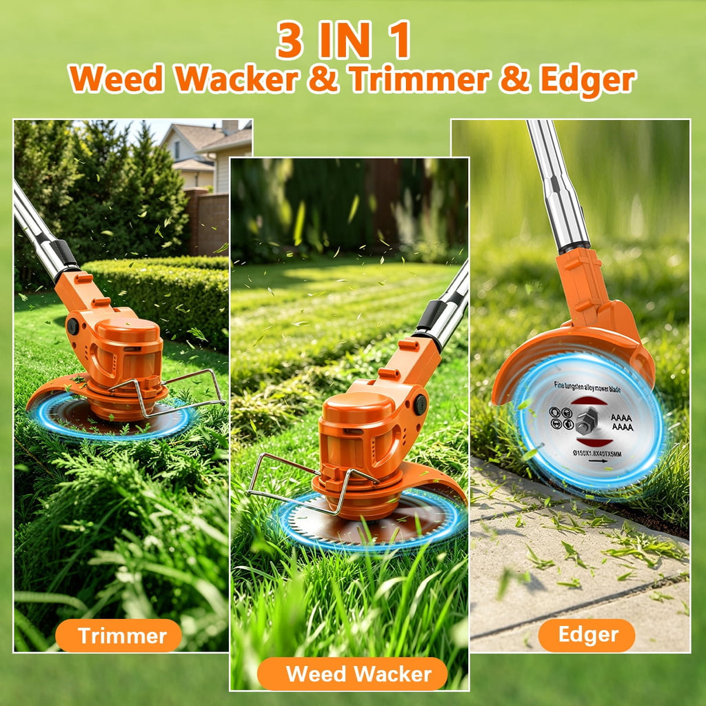 TNTANTS Electric Weed Wacker, Cordless String Trimmer with Wheels, 2Pcs 24V Batteries, 3 Types of Blades, Adjustable Length, Weed Eater Grass
