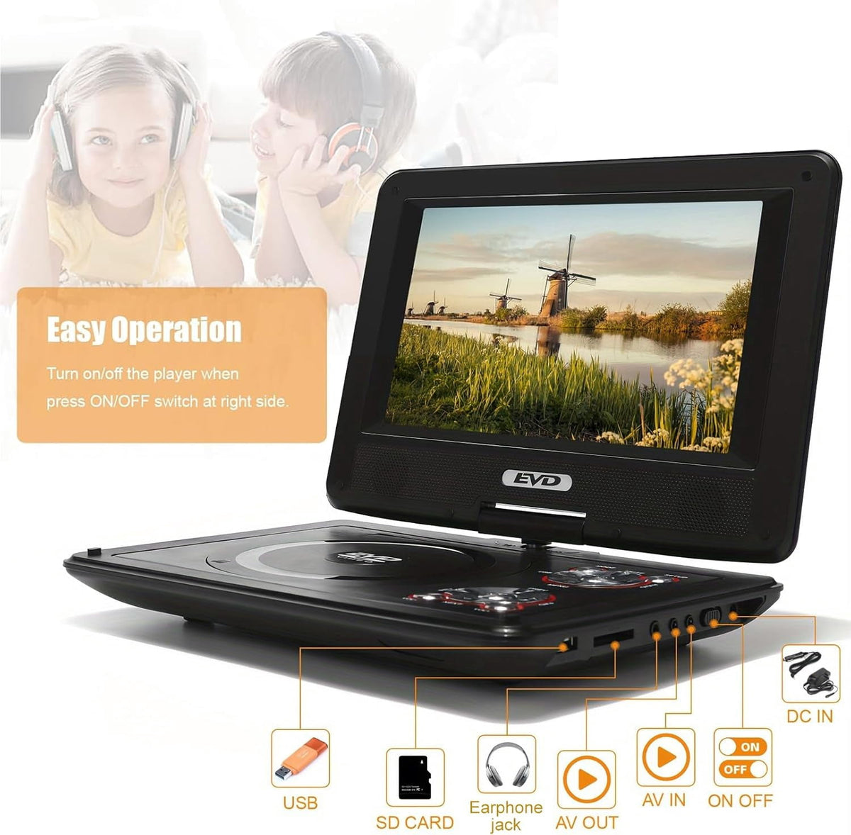 11.5" Portable DVD Player with 9.5" Swivel Screen for car and kids，Car Travel Essential