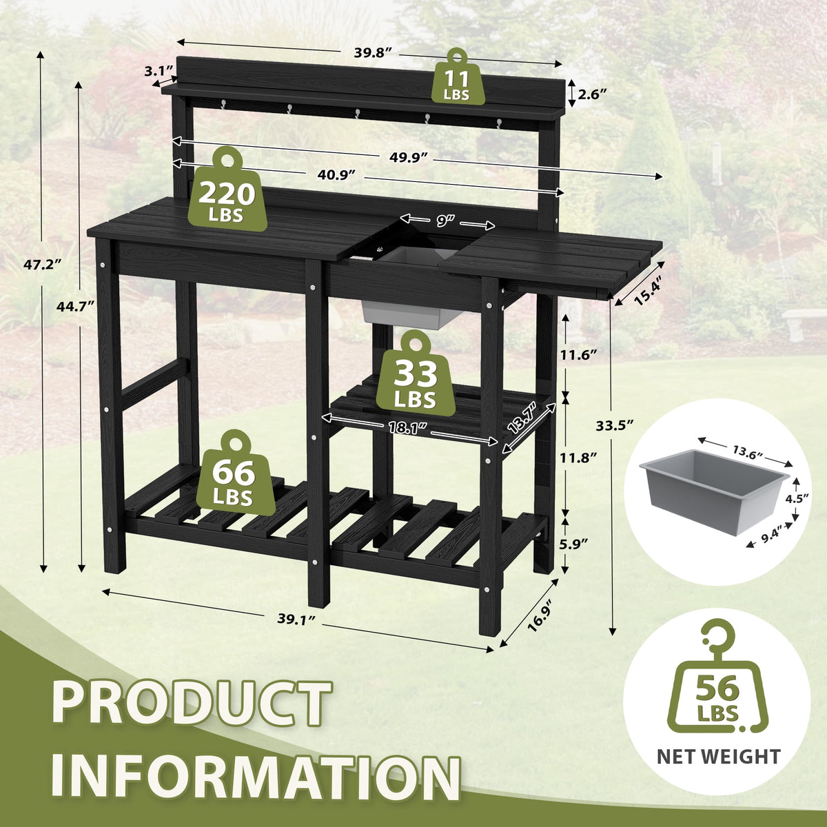 SERWALL Potting Bench Outdoor Potting Table with Sink, HDPE Material All Weather Use- Black