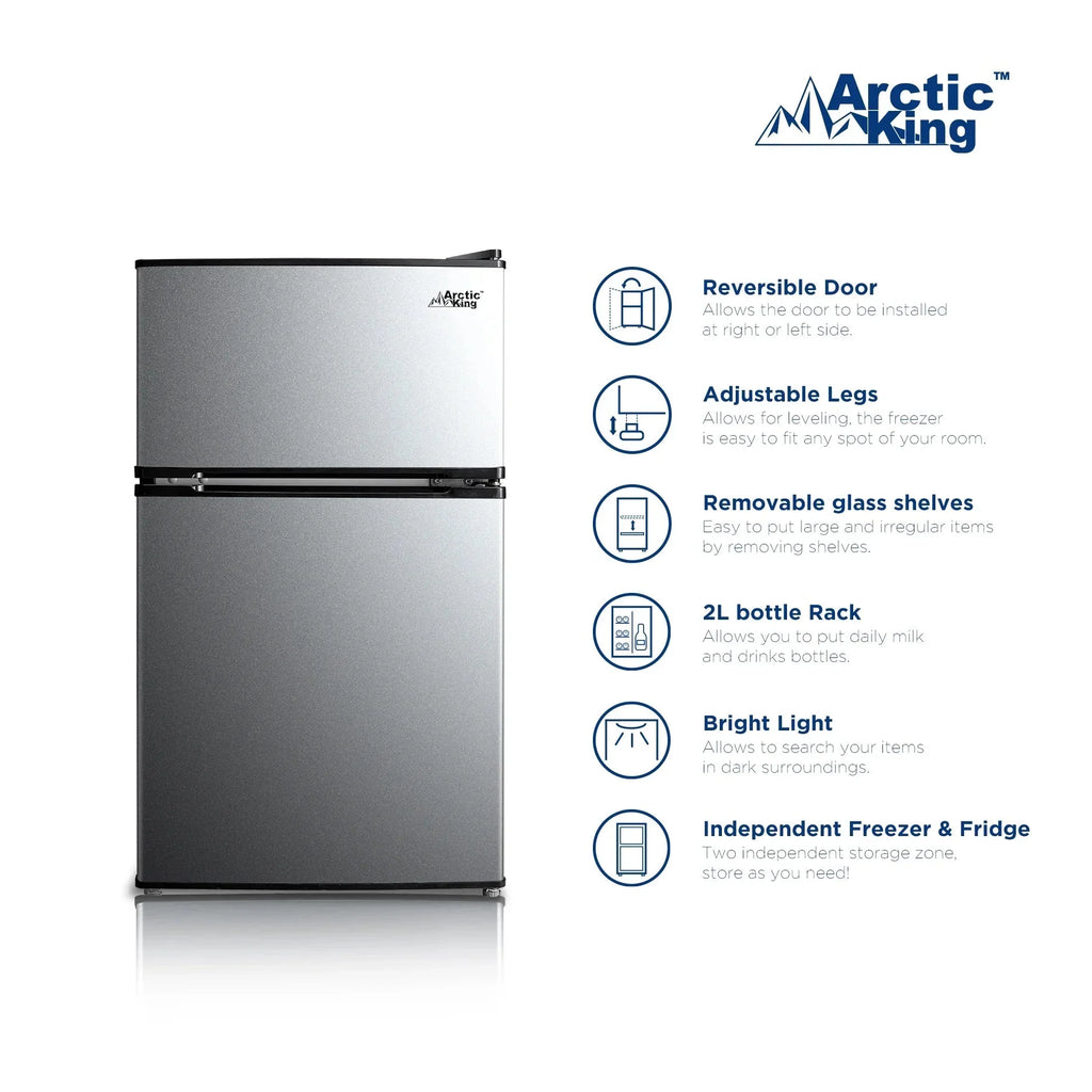 Arctic King Two-Door Mini Fridge With Freezer, 3.2 Cu. Ft., Stainless Steel