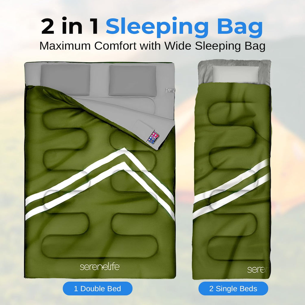 SereneLife SLSBX9 - Double Sleeping Bag with Two Pillows- Lightweight & Waterproof Sleeping Bag for Adults or Teens, For Camping, Backpacking or