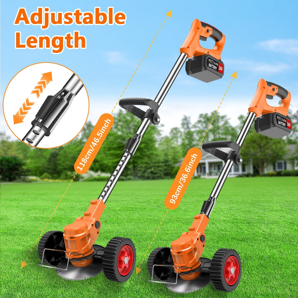 TNTANTS Electric Weed Wacker, Cordless String Trimmer with Wheels, 2Pcs 24V Batteries, 3 Types of Blades, Adjustable Length, Weed Eater Grass