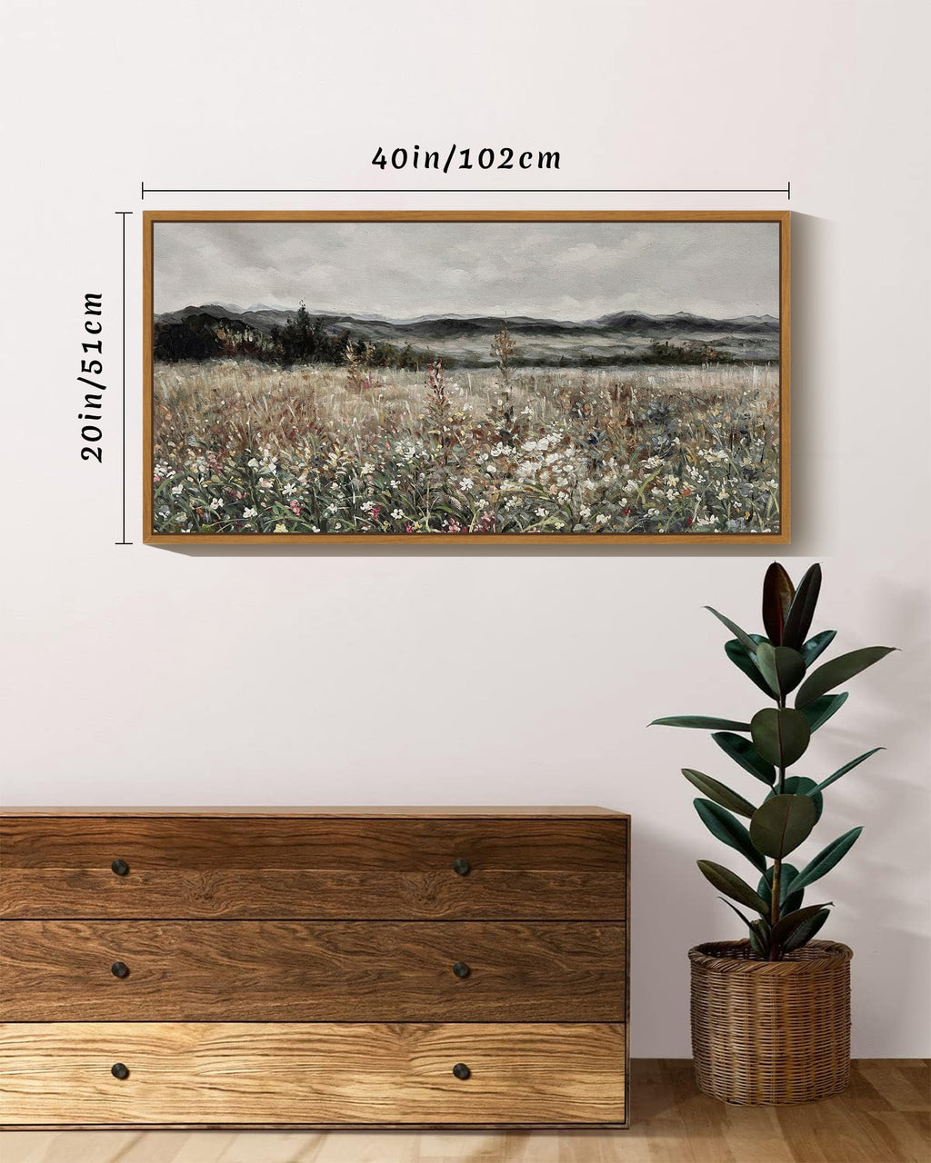 Drsoum 20x40in Natural Framed Vintage Landscape Large Canvas Wall Art Prairie in Full Bloom Classic Wall Prints Modern Farmhouse Dining Rooms Bedroom