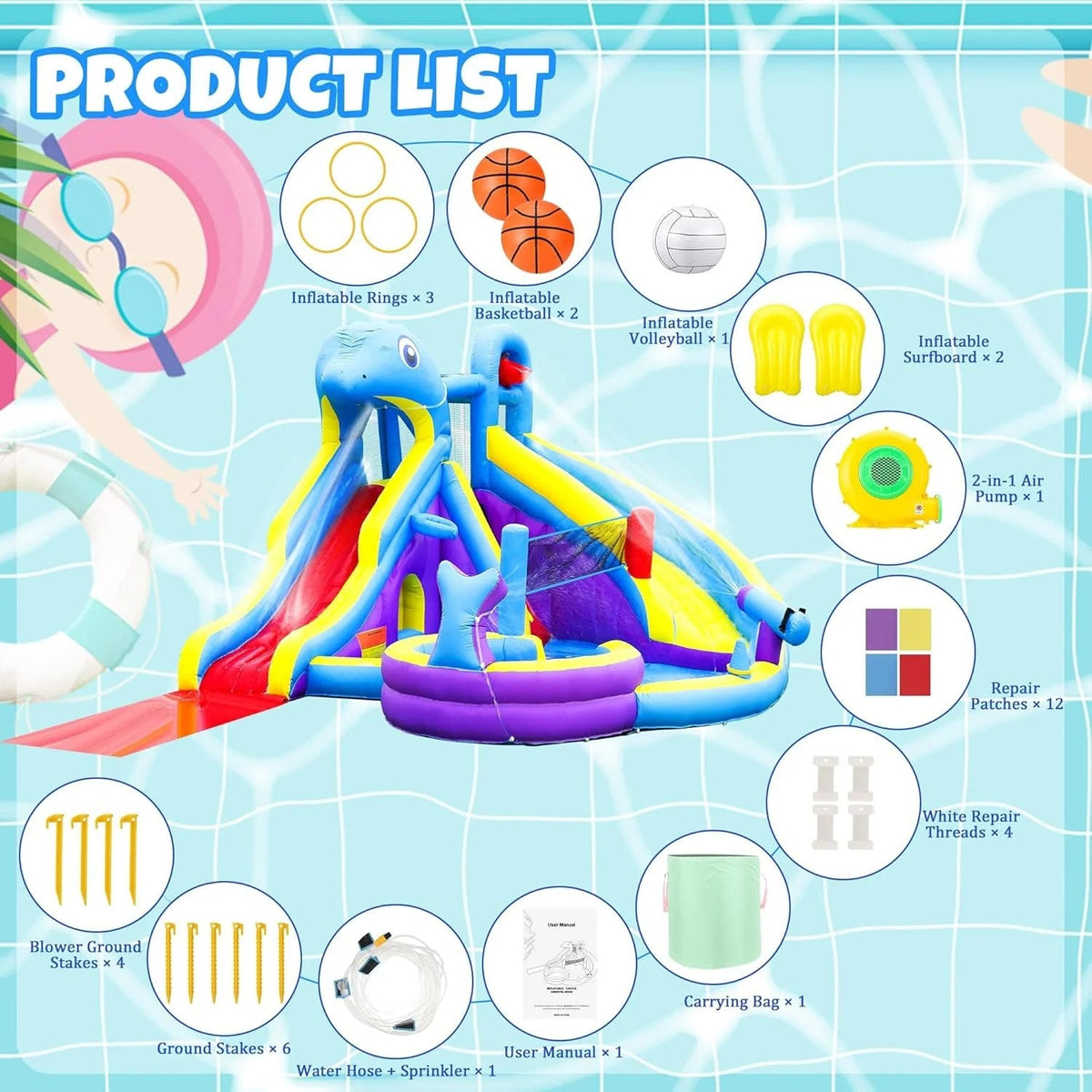 Dolphin Inflatable Water Slide Bounce House, 11-in-1, 2 Long Slides, 19.7 Ft x 13.1 Ft - 550W Blower