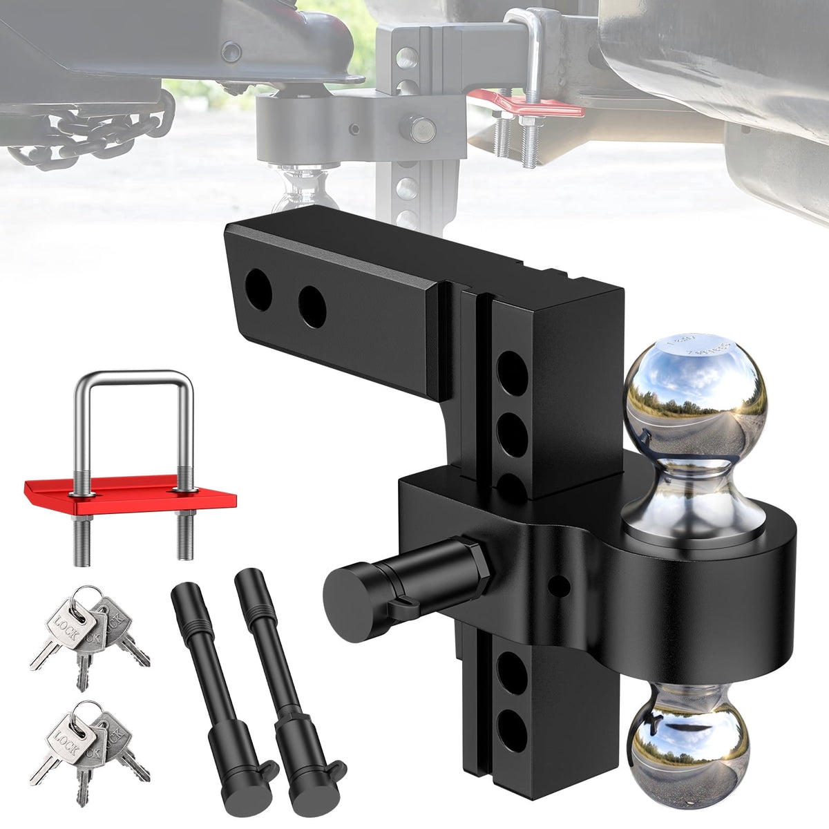 Adjustable Trailer Hitch, Fits 2" Receiver-Heavy Duty Aluminum Tow Hitches with 6-inch Drop/Rise for Truck (13,500 lbs GTW) - Weatherproof Double