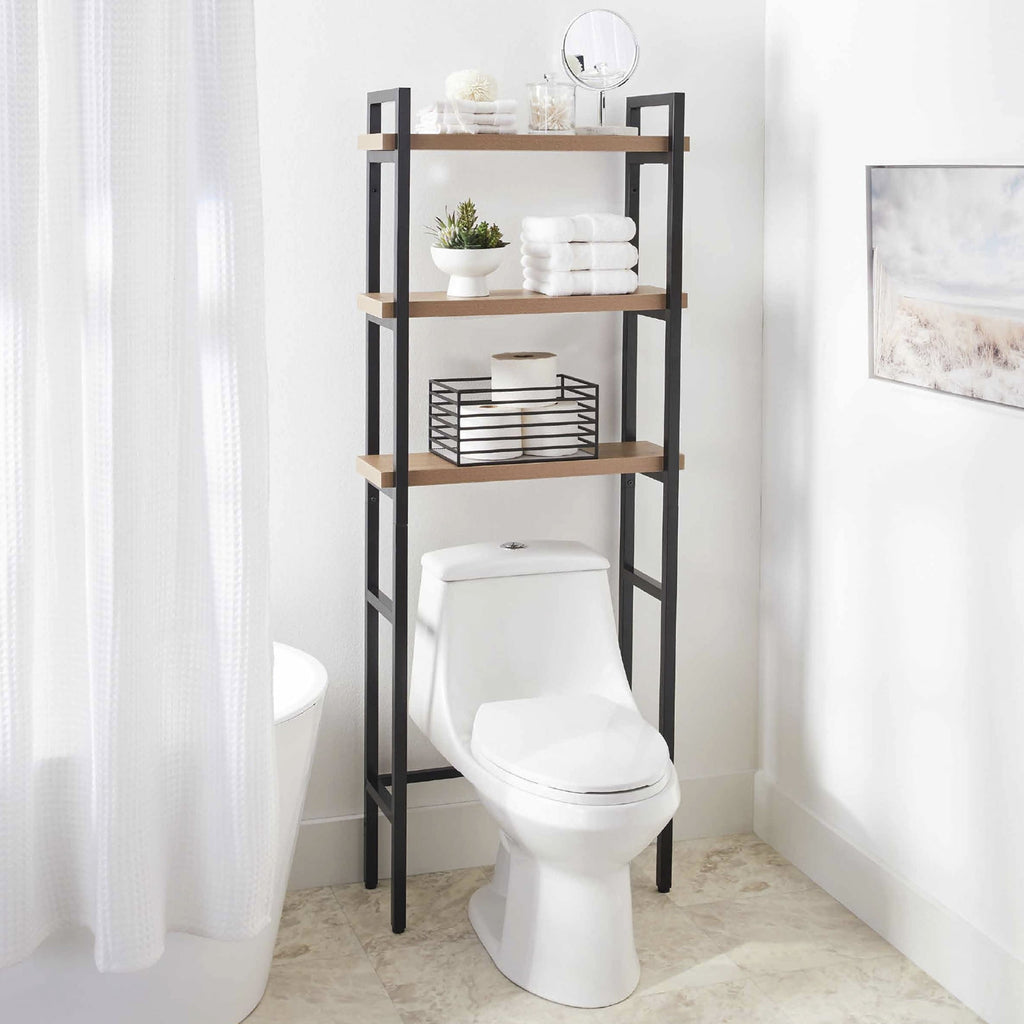Better Homes & Gardens Jace 3-Shelf Over-the-Toilet Storage Shelf, Black Frame with Oak Shelves