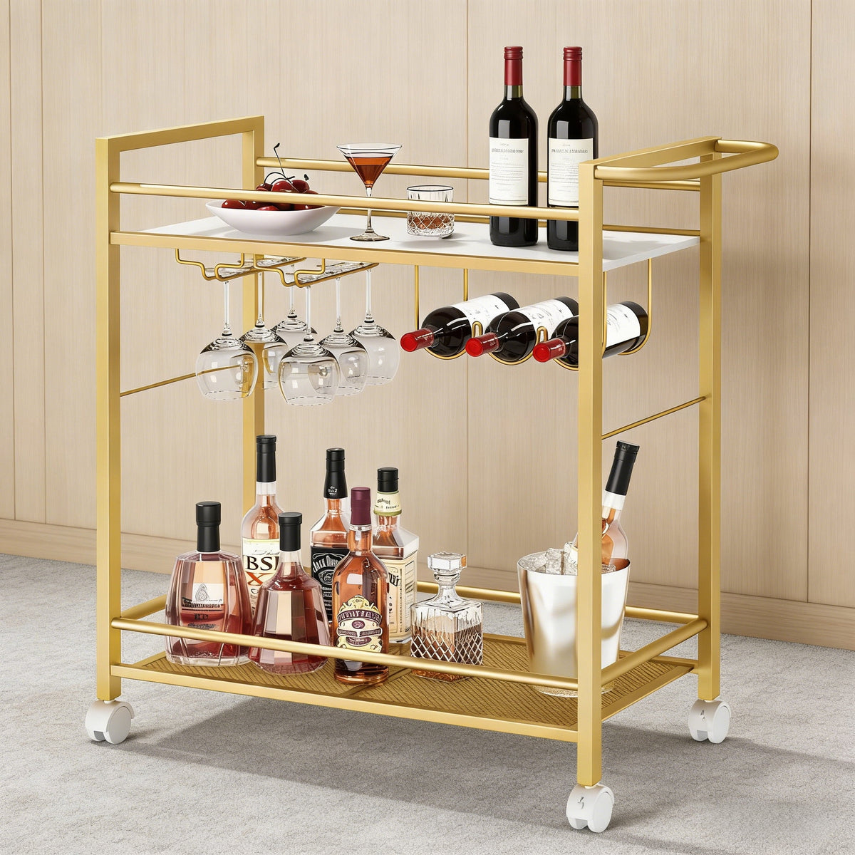 Buildhom 2-Tier Bar Cart with Wheels, Rolling Serving Cart with Wine Rack & Glass Holder for Kitchen, Living Room, Dining Room, Gold
