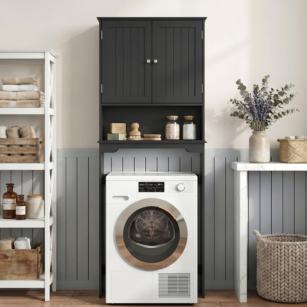 CONCETTA Black Over The Toilet Cabinet for Bathroom, Space Saver Storage with Quiet Magnetic Doors & Adjustable Bottom Stabilizer
