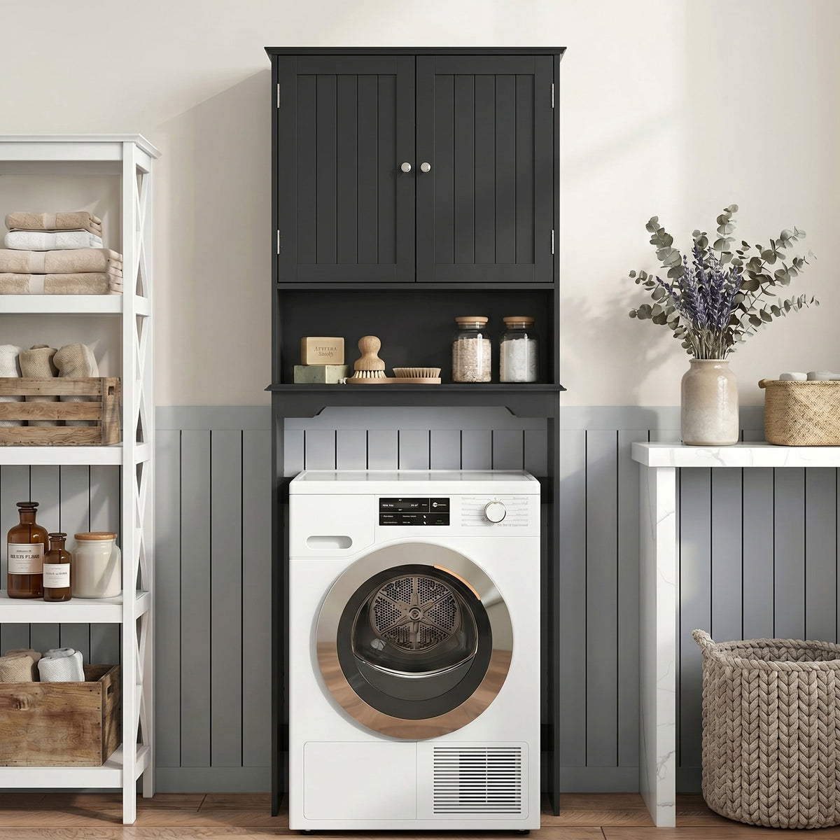 CONCETTA Black Over The Toilet Cabinet for Bathroom, Space Saver Storage with Quiet Magnetic Doors & Adjustable Bottom Stabilizer