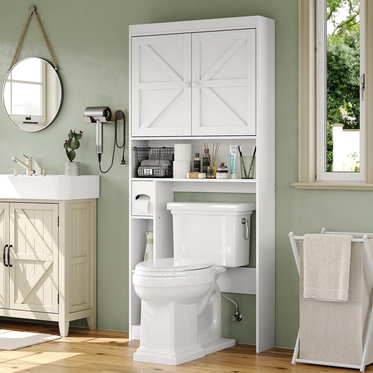 Furnihold Over The Toilet Storage Cabinet with Barn Doors, 32.3''W Farmhouse Bathroom Over Toilet Shelf Space Saver with Toilet Paper Holder, White