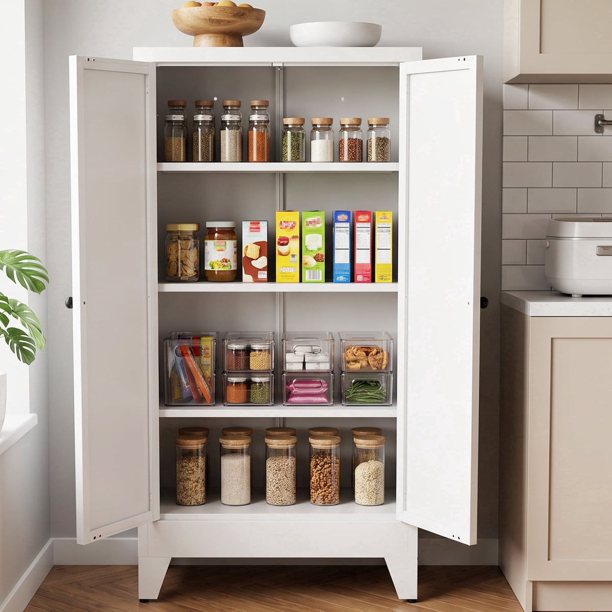 Glyxxen 47" Kitchen Pantry Cabinet, Metal Storage Cabinet, Modern Tall Steel Pantry Cupboard with 2 Doors and Adjustable Shelves for Kitchen Garage