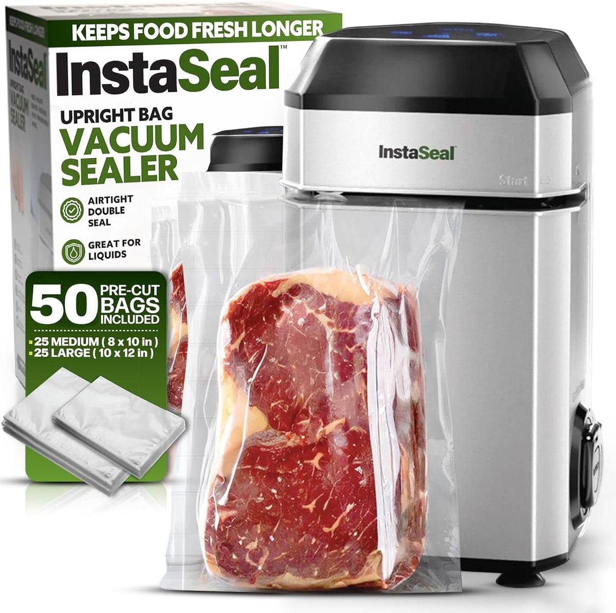 InstaSeal Food Vacuum Sealer Machine, Upright Vacuum Sealer Machine Allows to Vacuum Seal Liquids, Food Sealer, Keeps Food Fresh Longer As Seen on TV