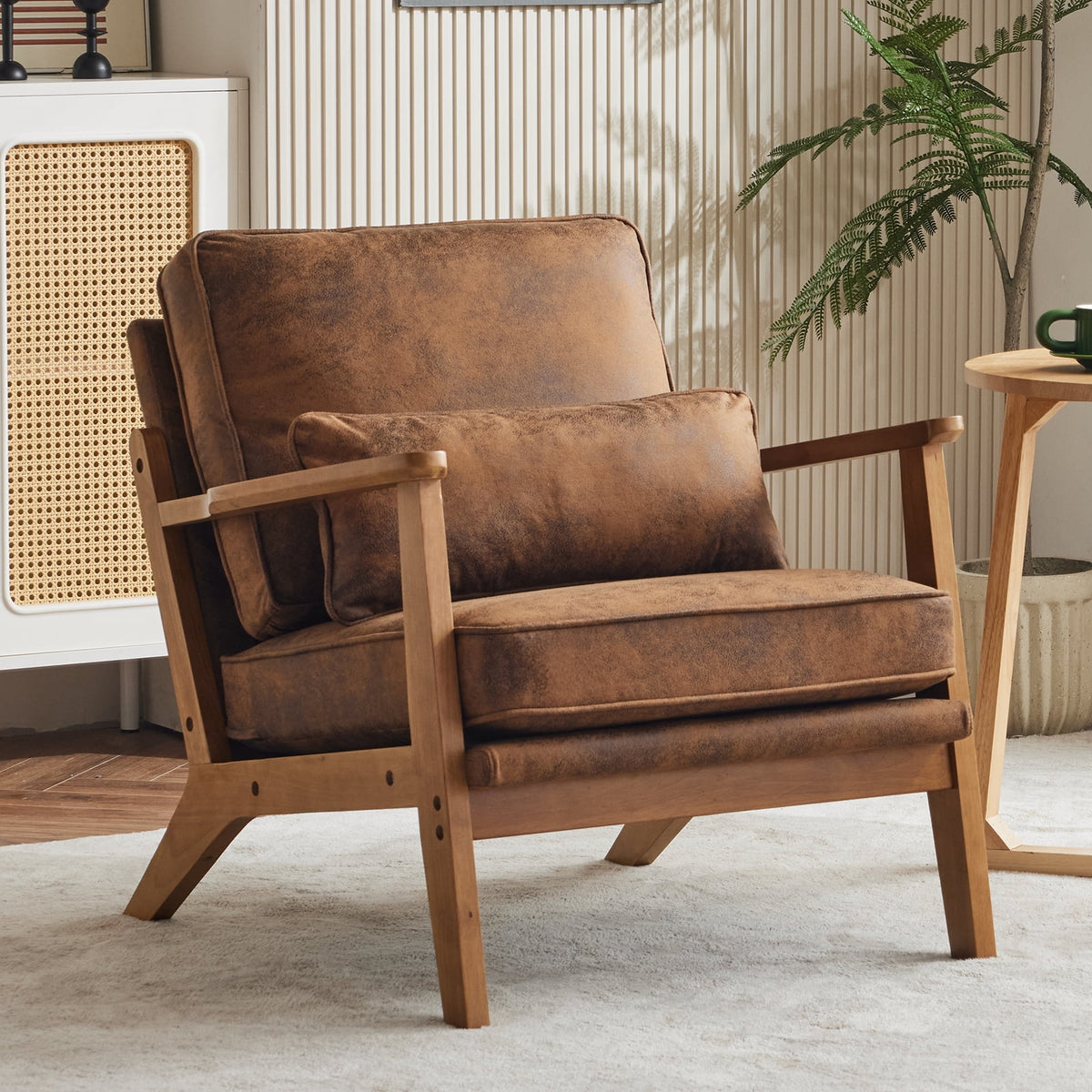 Ktaxon Accent Chair Suede Upholstered Armchair, Reading Club Chair with Pillow for Living Room Bedroom Furniture Brown